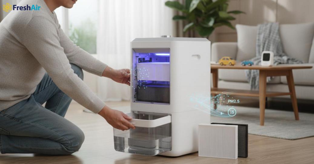 Máy hút ẩm kết hợp lọc không khí hoạt động dựa trên nguyên lý hút ẩm từ môi trường rồi đưa không khí qua các màng lọc hiện đại