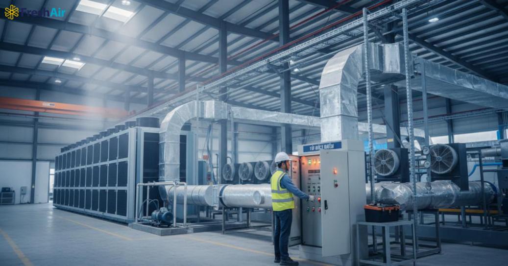 Quạt hút và quạt HVLS giúp lưu thông không khí, làm mát nhà xưởng diện tích lớn.