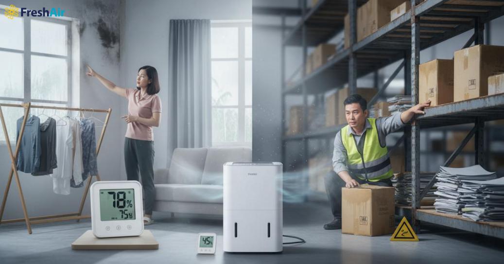 Chọn máy hút ẩm phù hợp diện tích giúp kiểm soát độ ẩm tối ưu và tiết kiệm.