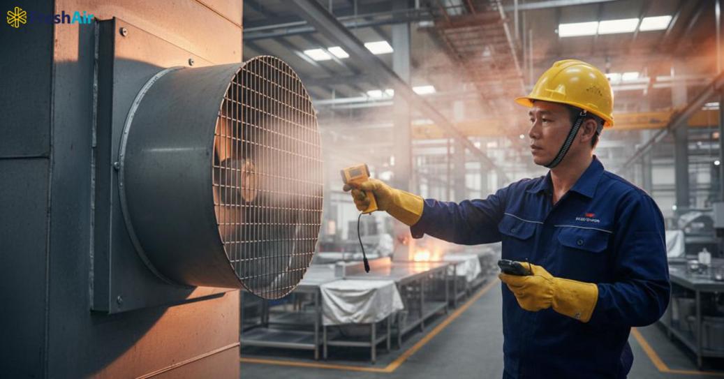 Quạt công nghiệp tạo gió lớn giúp làm mát, hút khói, đẩy khí nóng và ổn định không khí nhà xưởng, nhà bếp. Quạt công nghiệp tạo gió lớn giúp làm mát, hút khói, đẩy khí nóng và ổn định không khí nhà xưởng, nhà bếp.