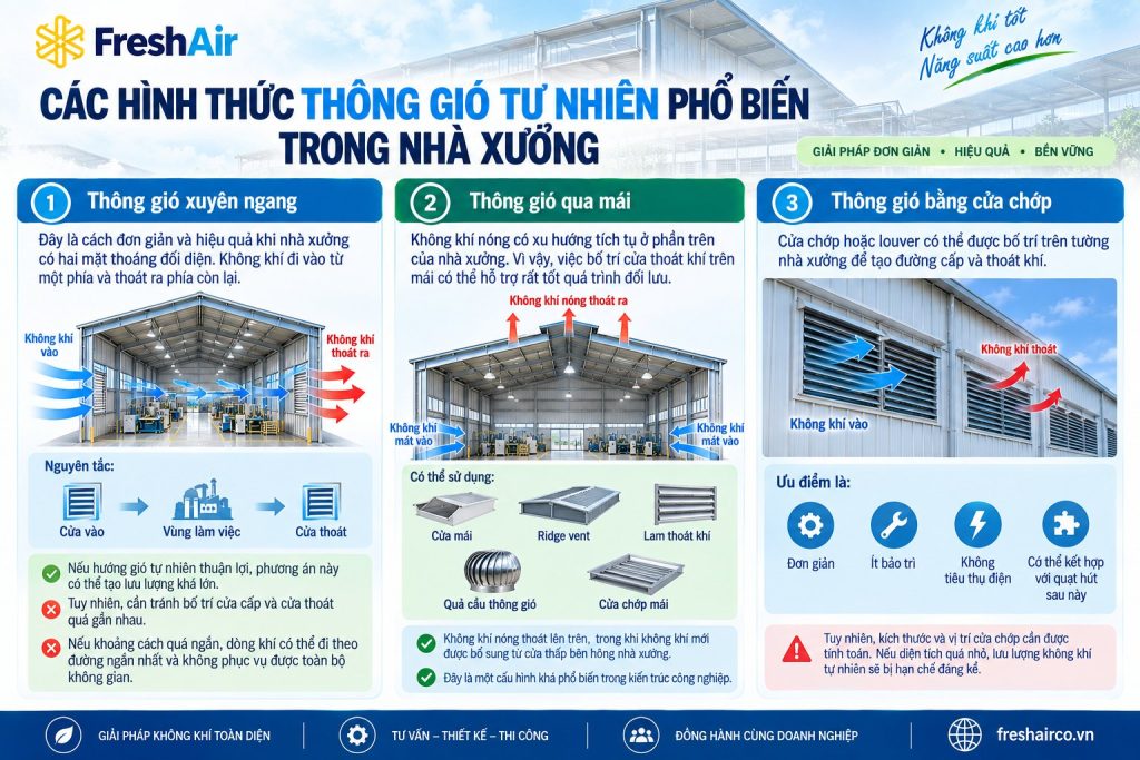 Thông gió tự nhiên nhà xưởng là gì? Nguyên lý và cách thiết kế hiệu quả 12 Các hình thức thông gió tự nhiên phổ biến trong nhà xưởng