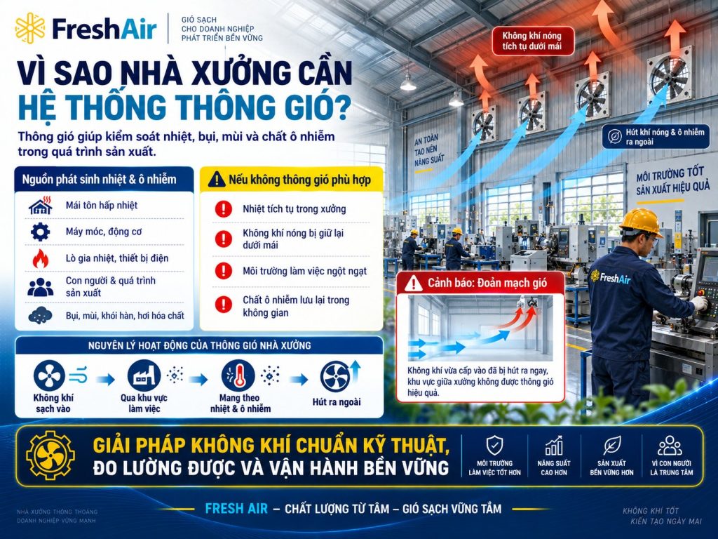 Thông gió tự nhiên nhà xưởng là gì? Nguyên lý và cách thiết kế hiệu quả 11 hệ thống thông gió nhà xưởng
