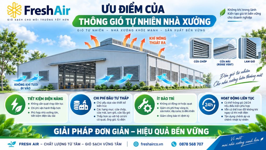 Thông gió tự nhiên nhà xưởng là gì? Nguyên lý và cách thiết kế hiệu quả 13 Ưu điểm của thông gió tự nhiên nhà xưởng