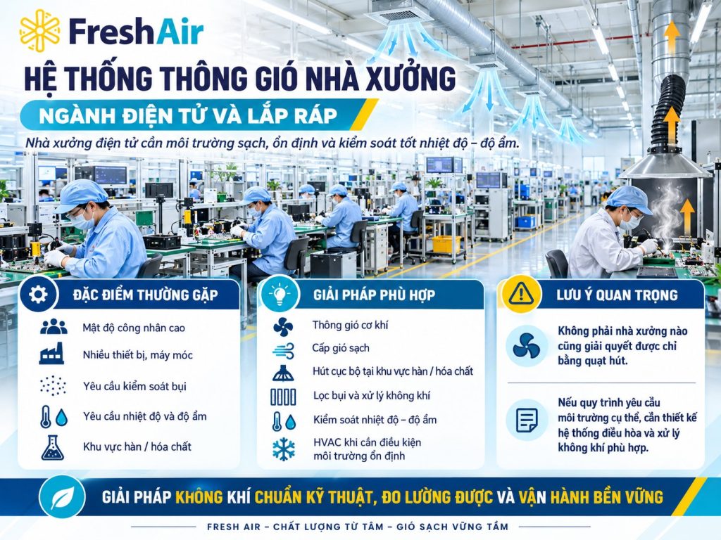 Những ngành sản xuất nào cần hệ thống thông gió nhà xưởng? 22 Hệ thống thông gió nhà xưởng Ngành điện tử và lắp ráp
