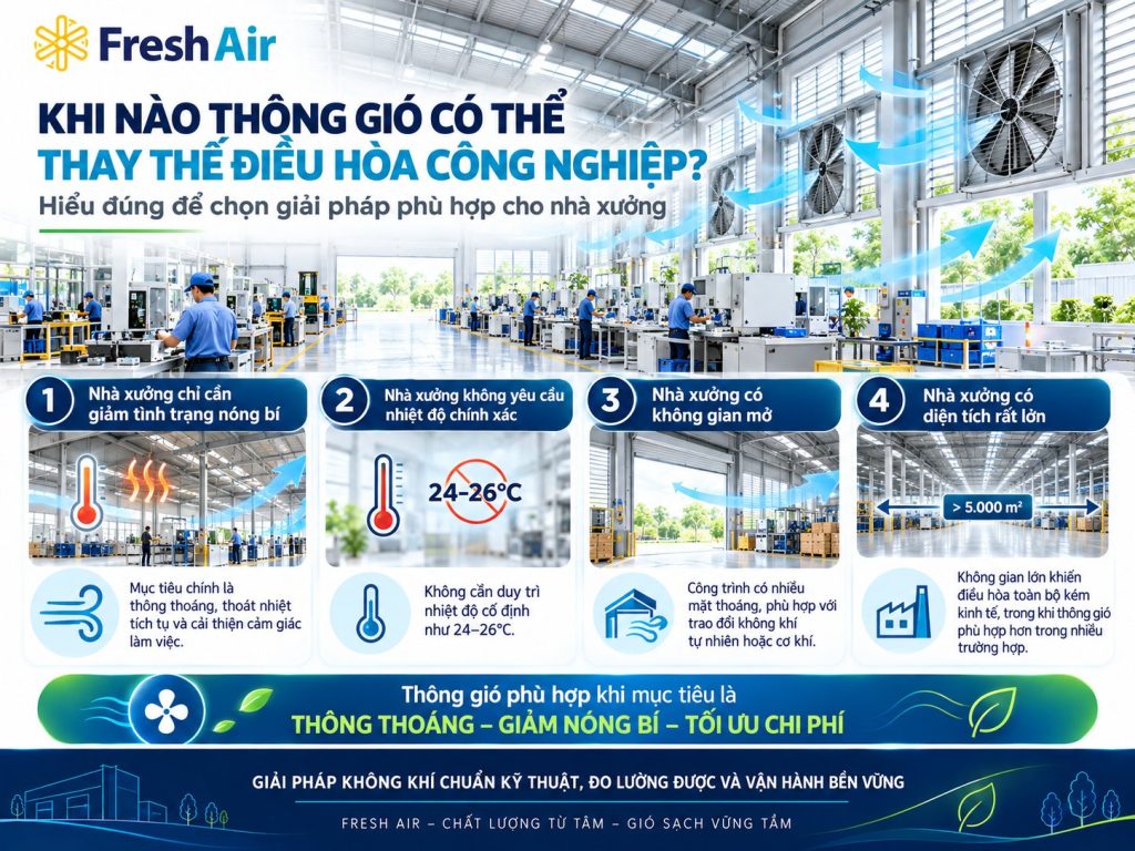 Thông gió nhà xưởng có thay thế được điều hòa công nghiệp không? 7 Khi nào thông gió có thể thay thế điều hòa công nghiệp