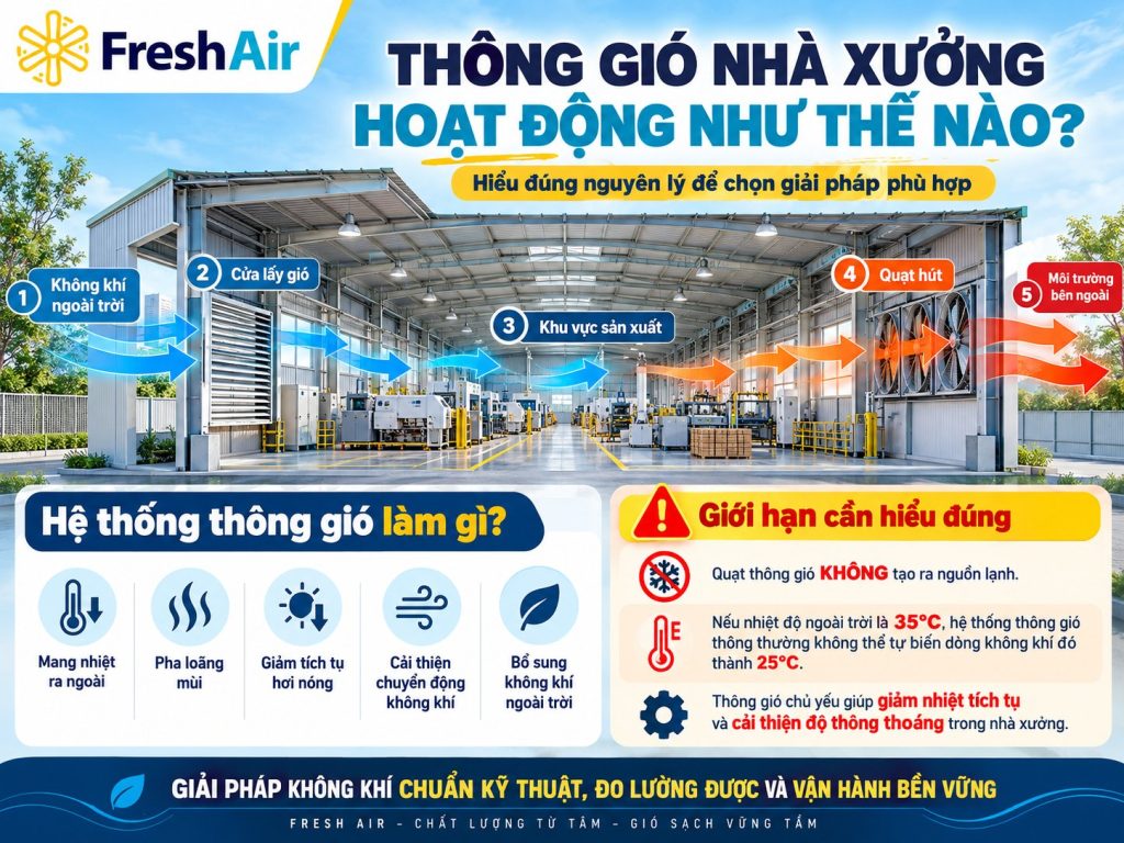 Thông gió nhà xưởng có thay thế được điều hòa công nghiệp không? 5 Thông gió nhà xưởng hoạt động như thế nào